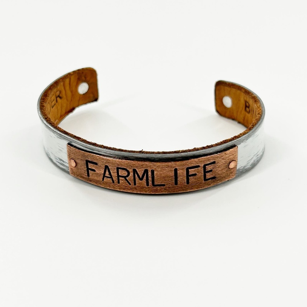 Ella Jude FARM LIFE White 1/2" Reminder Cuff Metal Bracelet Leather Lined NEW